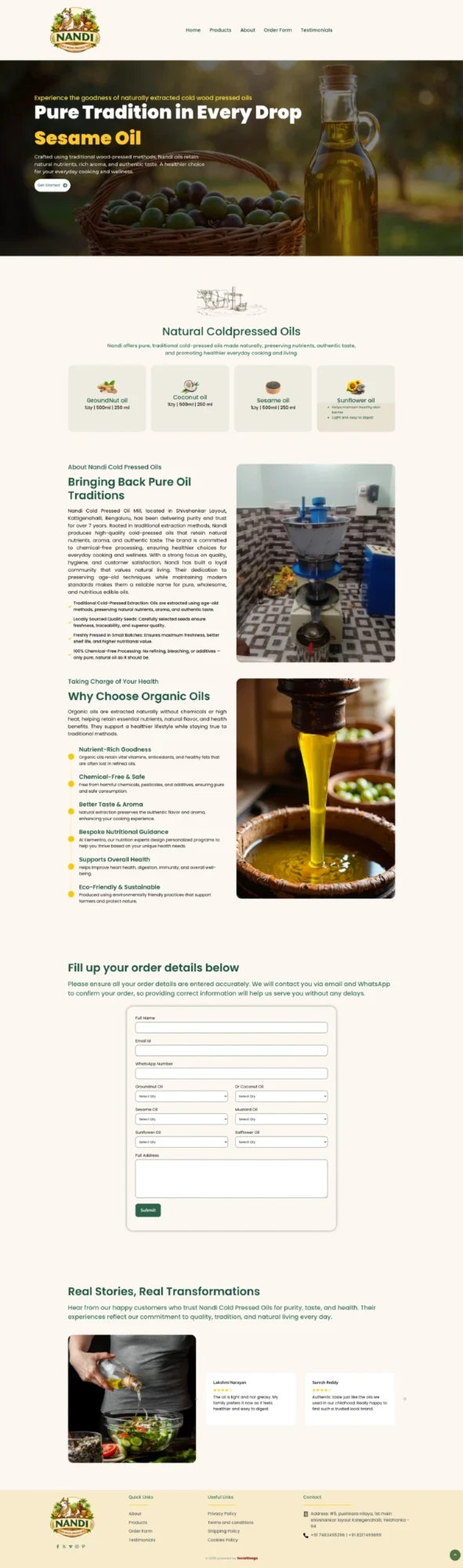 Nandi Organic Oils website screenshot